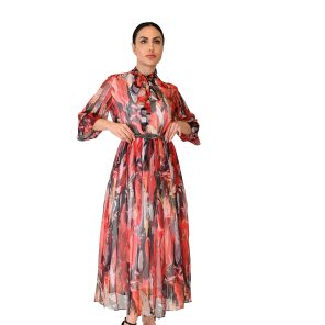 Multicolor red dress with belt