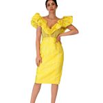 Party wear yellow dress with shoulders design silver flowers