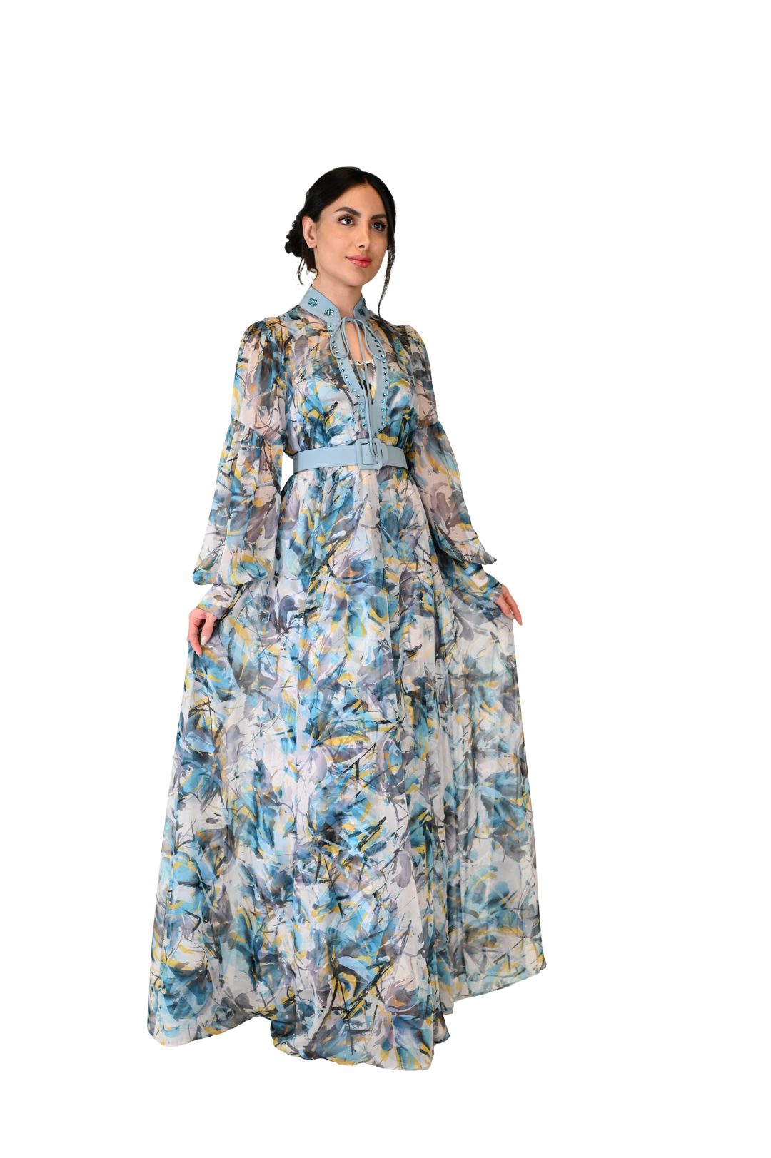 Aura Dress in Multi Blue Tile Print